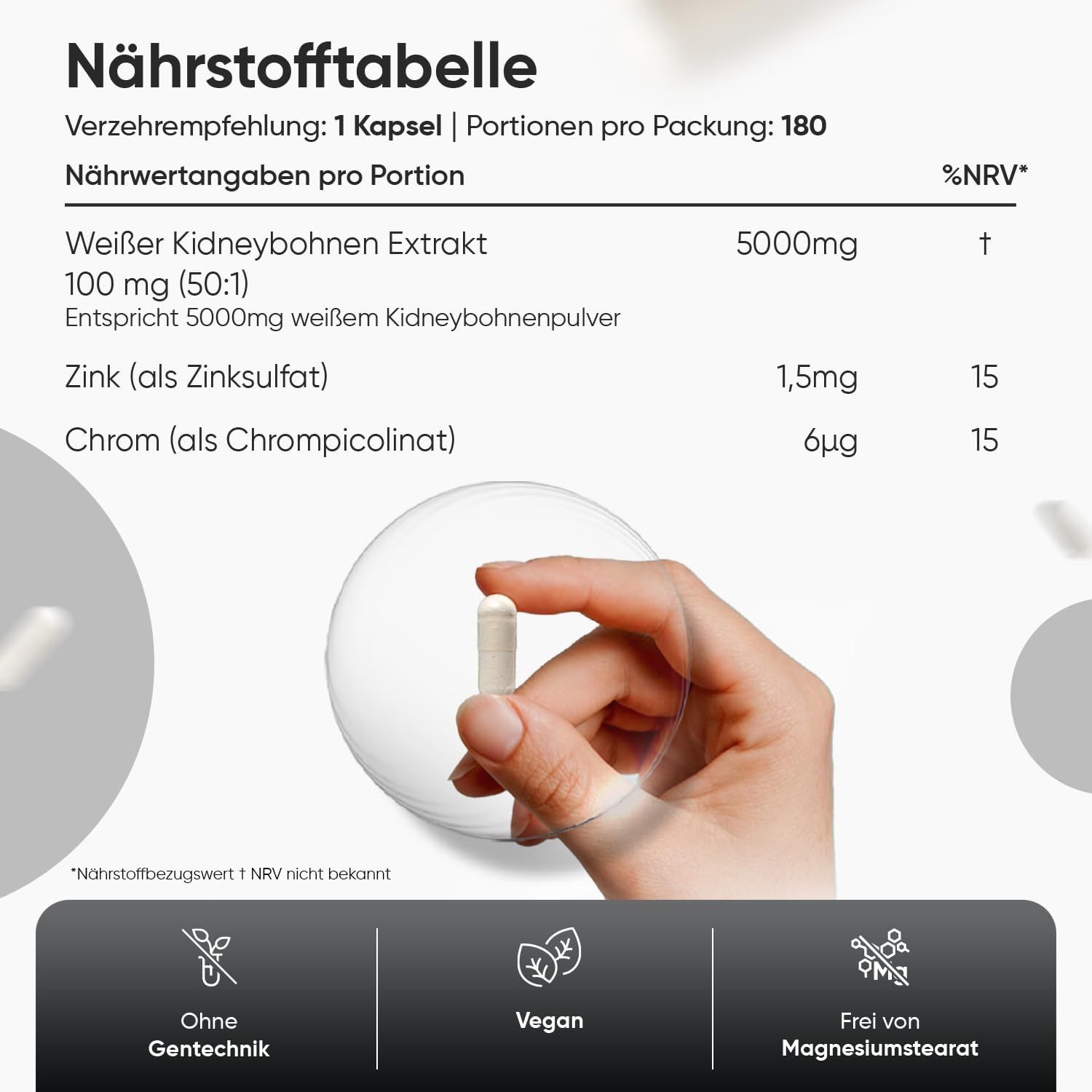 Nährwerttabelle mit Angaben zu weißen Kidneybohnen Extrakt, Zink und Chrom. Enthält 180 Kapseln pro Packung.