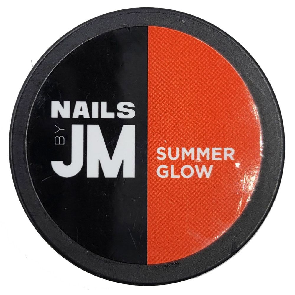 Runder Behälter, geteilt in Schwarz und Orange. Auf Schwarz steht weiß "NAILS BY JM". Auf Orange steht "SUMMER GLOW".