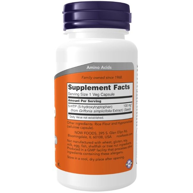 Rückseite der Now Foods 5-HTP 100 mg Flasche mit Nährwertangaben und Inhaltsstoffen.