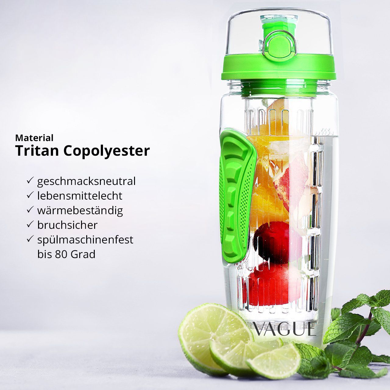 Transparente Trinkflasche mit grünem Deckel und Einsatz. Enthält Früchte. Text: Tritan Copolyester, geschmacksneutral, lebensmittelecht.