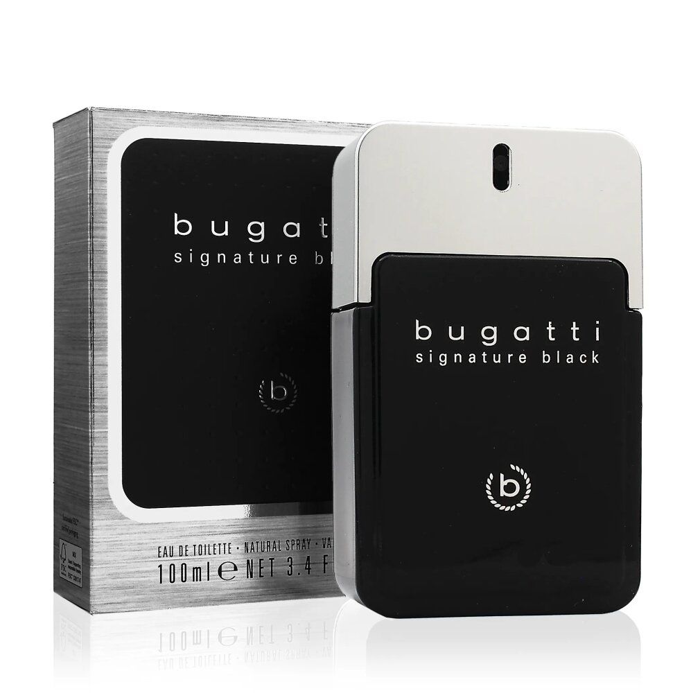 Schwarzer Flakon und Verpackung. Aufschrift: Bugatti Signature Black. Silberne Kappe. Rechteckige Form.