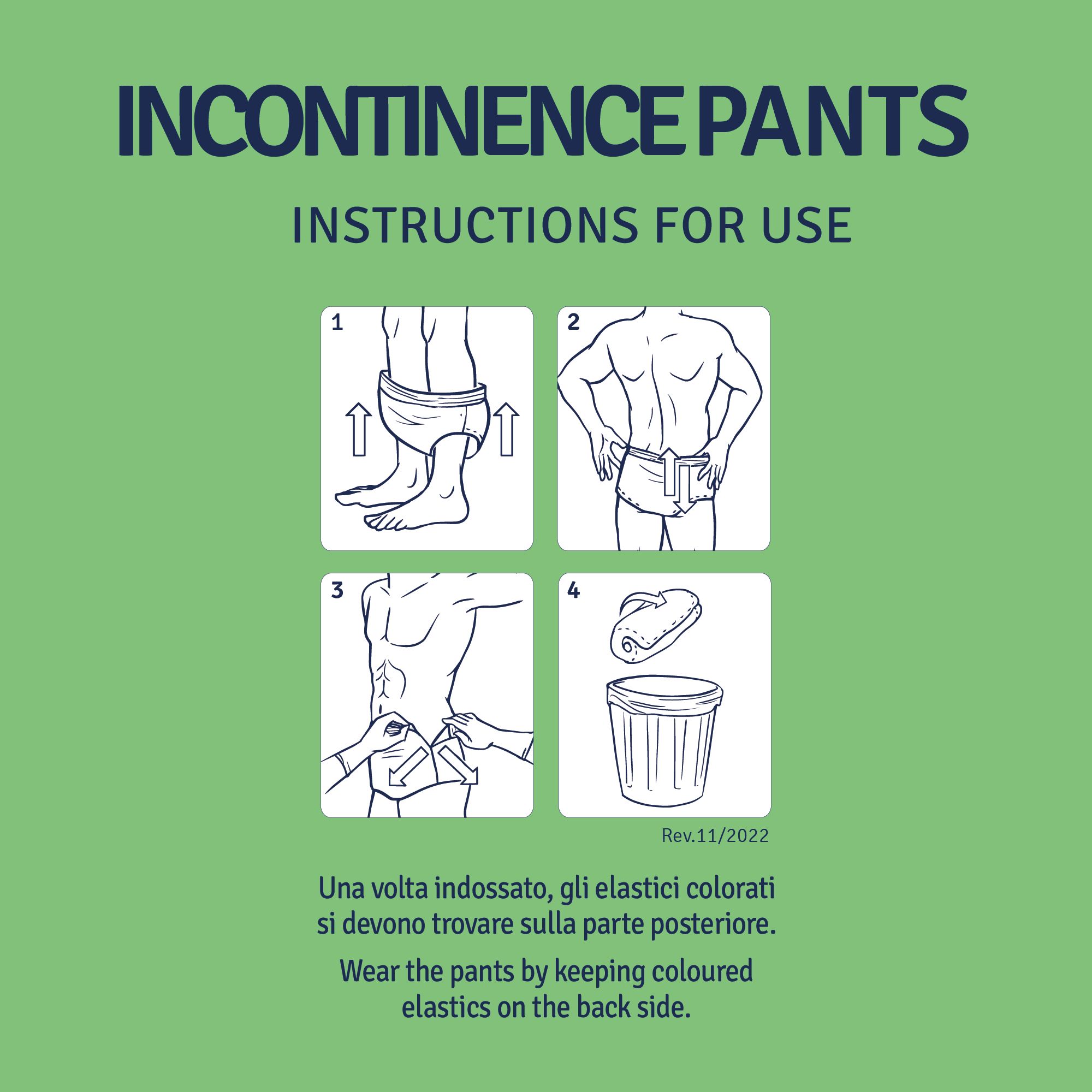 Instructies voor het gebruik van Pants. 4 stappen: aantrekken, aanpassen, weggooien. Tekst: elastiek aan de achterkant.