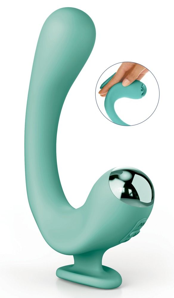 Türkisfarbener Vibrator mit gebogener Form, metallischer Spitze und Bedienknöpfen. Detailansicht der Spitze.