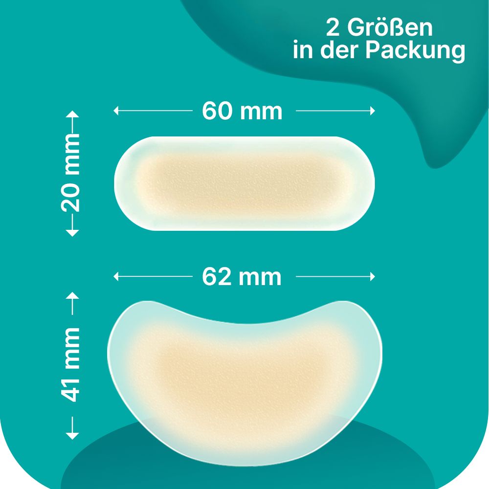 Zwei Hydrokolloid-Pflaster. Maße: 60x20mm und 62x41mm. Text: 2 Größen in der Packung.