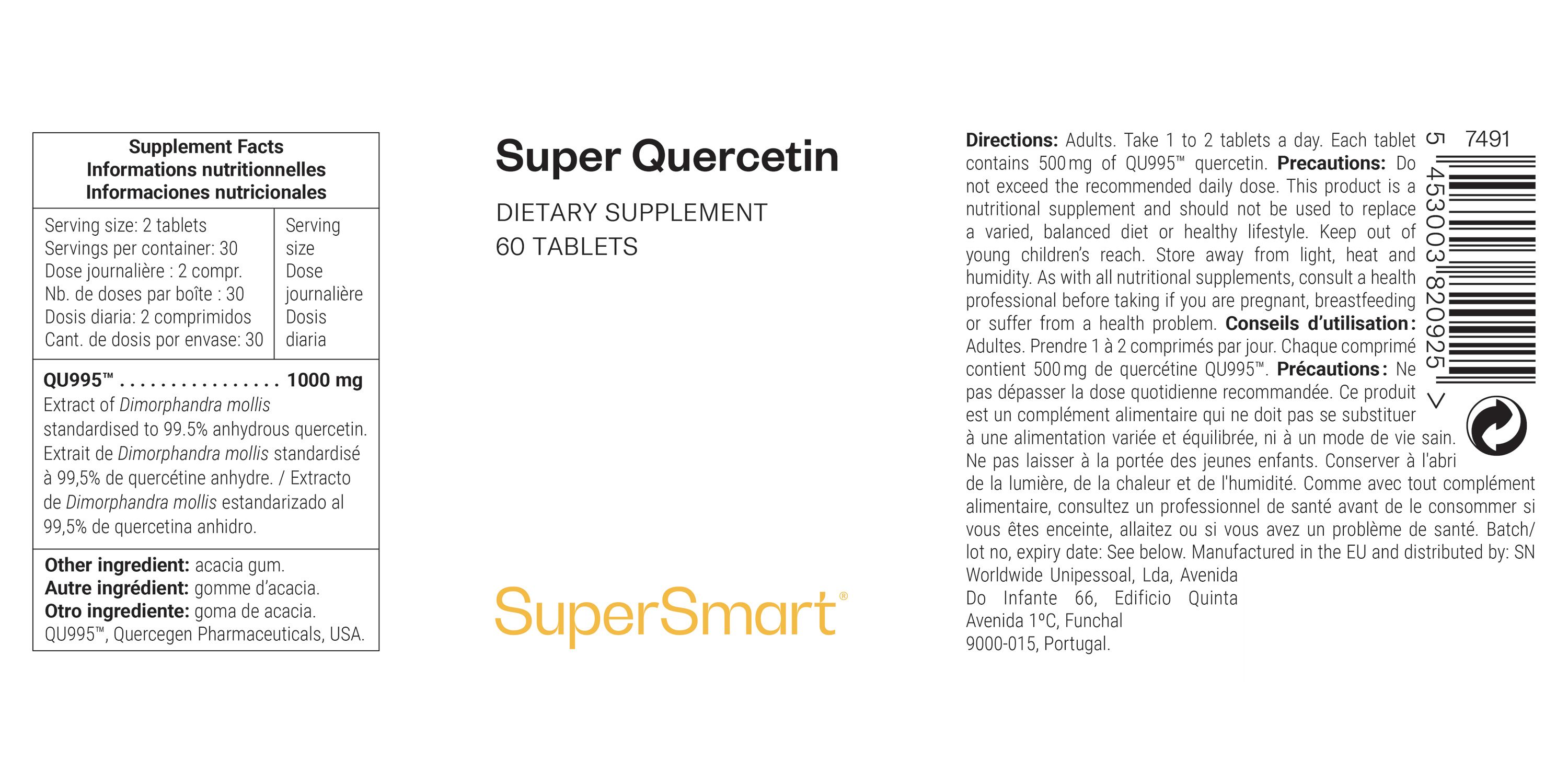 Super-Quercetin-Etikett. Enthält Informationen zu Inhaltsstoffen, Dosierung und Hersteller. Text in Englisch und Französisch.