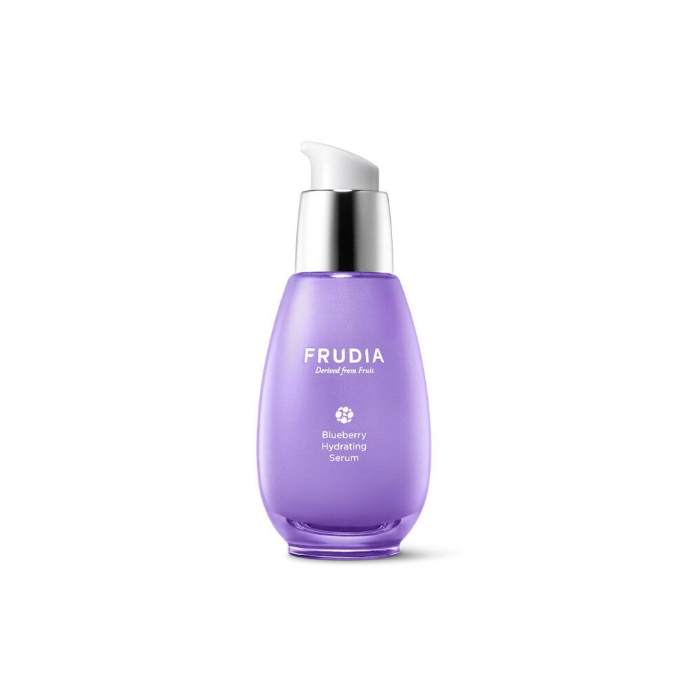 Lila Glasflasche mit Pumpspender, FRUDIA Blueberry Hydrating Serum.