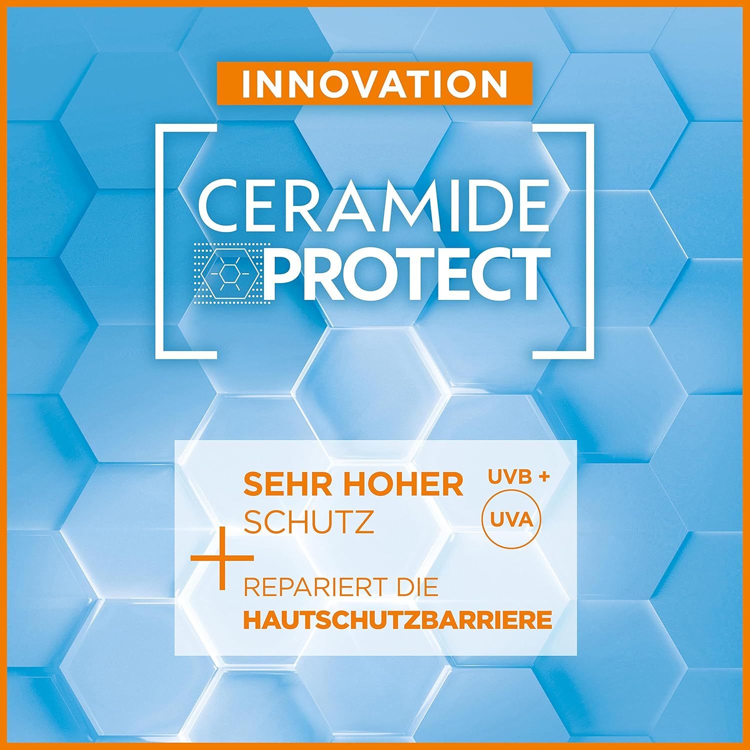 Blauer Hintergrund mit sechseckigem Muster. Text: Ceramide Protect, sehr hoher Schutz, repariert die Hautschutzbarriere. UVA/UVB-Schutz.