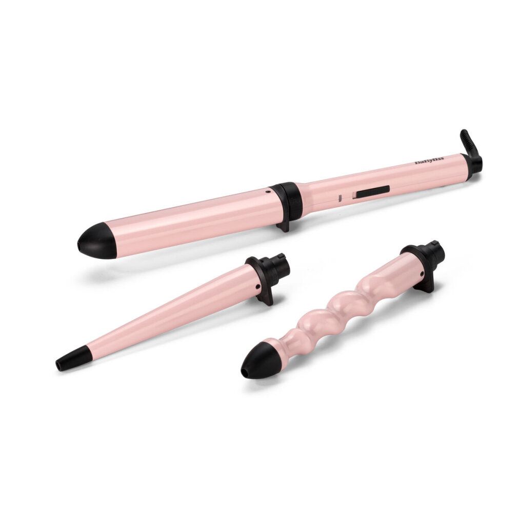 Lockenstab-Set mit drei Aufsätzen und Verpackung. Rosa-schwarz. Aufschrift: Curl Wave Boucler Onduler, BaByliss.