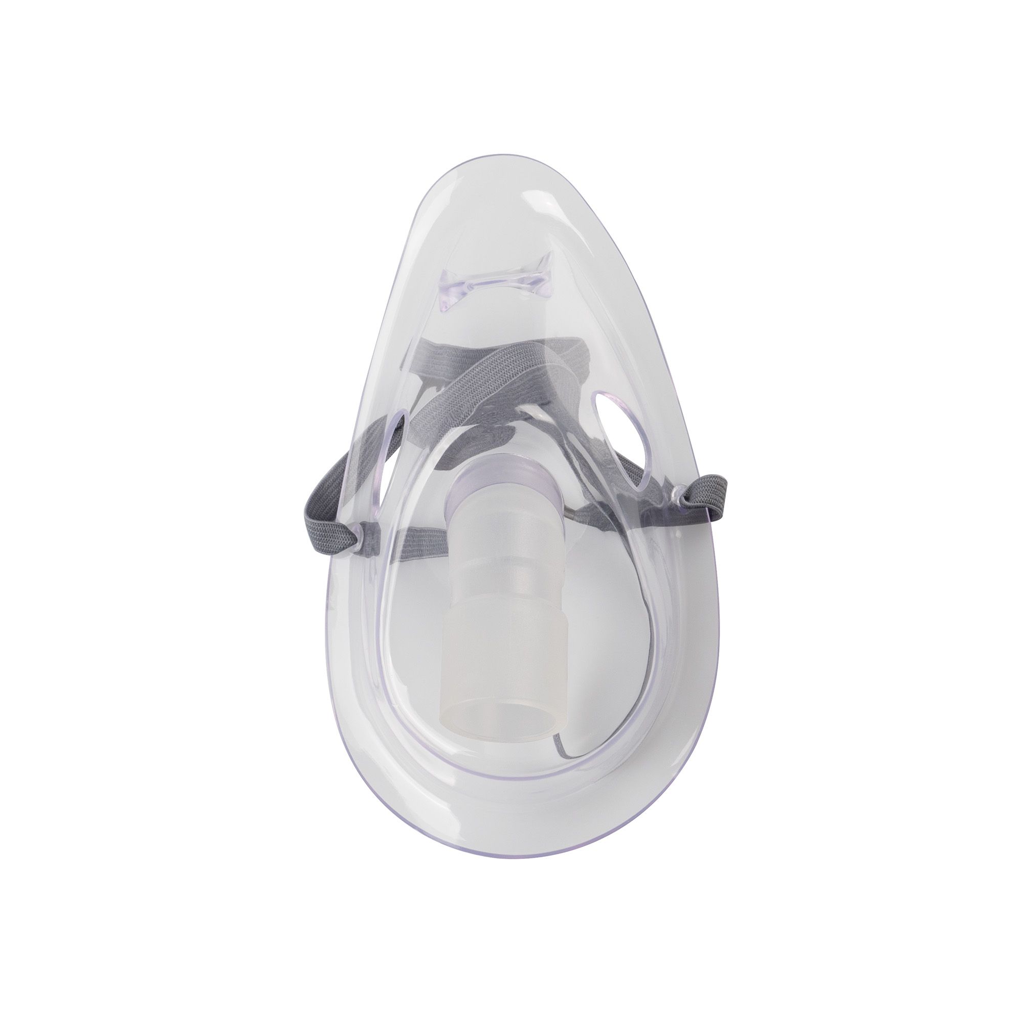 Transparente Inhalationsmaske mit grauem Kopfband.