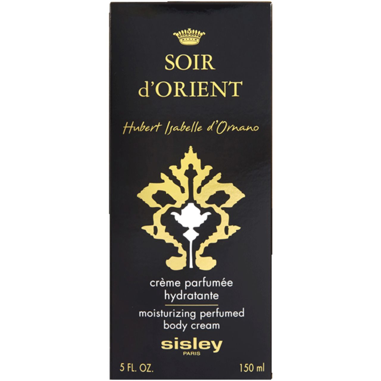 Schwarzer Karton mit goldener Schrift. Soir d'Orient Crème Parfumée Hydratante Corps. Sisley Paris.