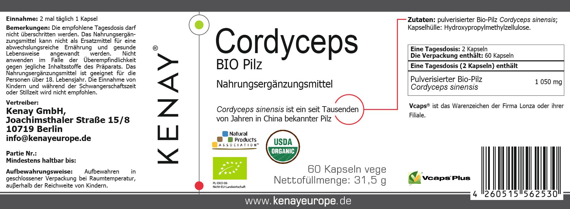Etikett mit Produktname Cordyceps BIO Pilz, Marke KENAY, USDA Organic Siegel und 60 Kapseln. Enthält Informationen zu Inhaltsstoffen und Dosierung.