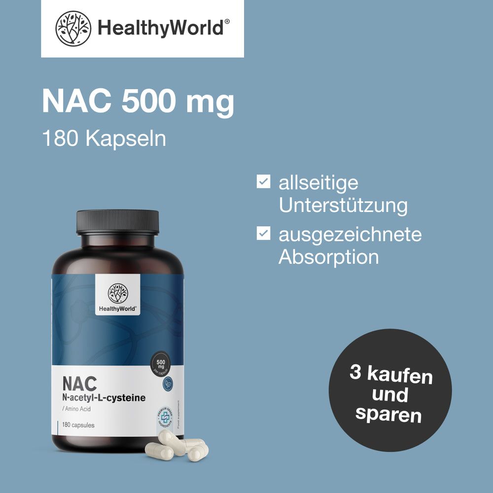 Braune Flasche mit weißen Kapseln. Aufschrift: NAC 500 mg, 180 Kapseln. HealthyWorld Logo. Text: allseitige Unterstützung, ausgezeichnete Absorption. Angebot.