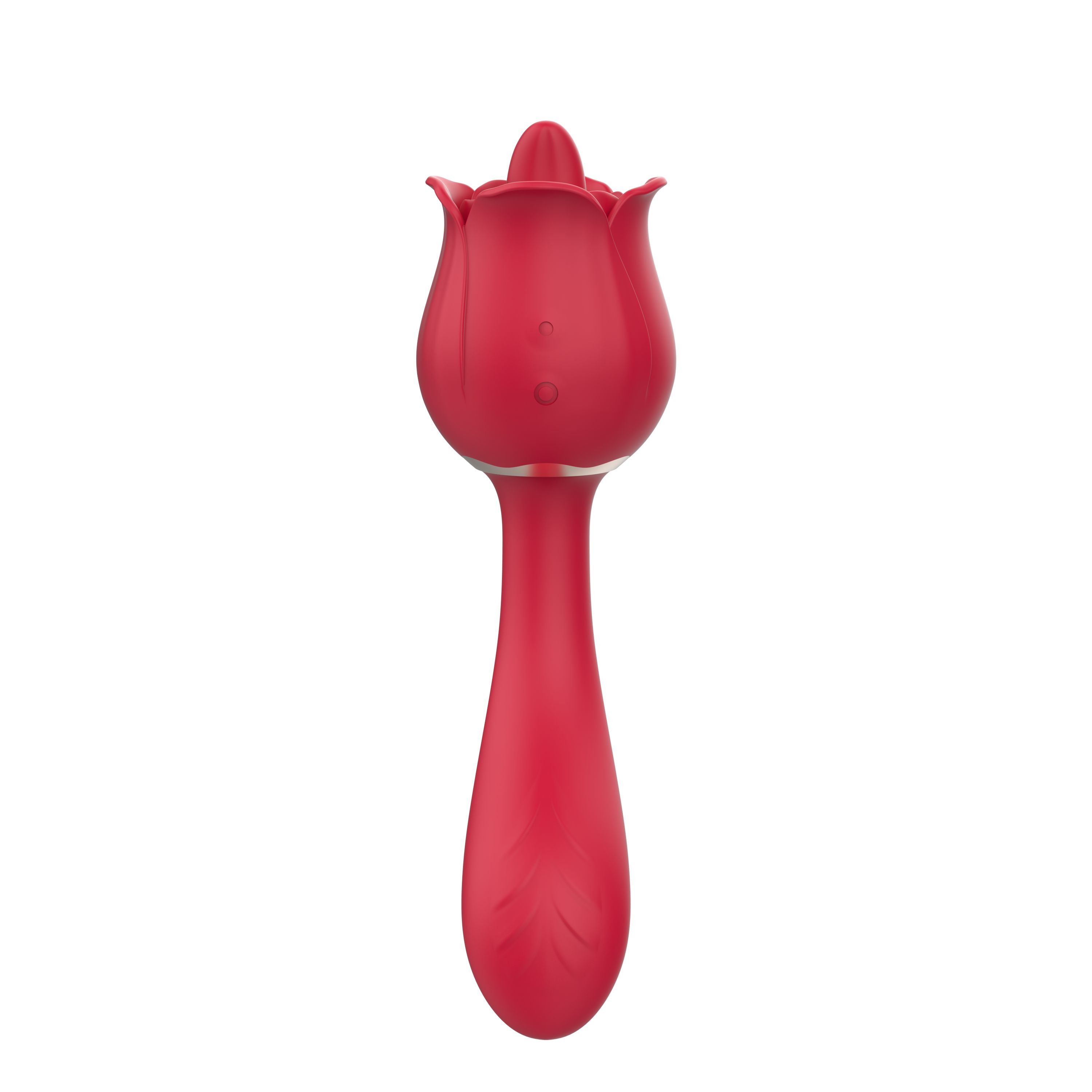 Roter Vibrator in Rosenform. Mit einem Stiel und einem blütenförmigen Kopf. Auf weißem Hintergrund.