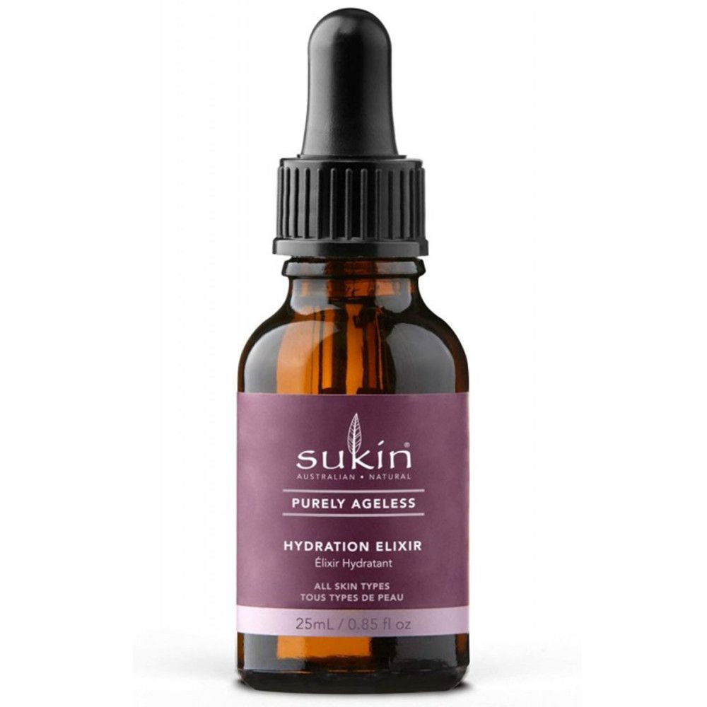 Braune Glasflasche mit schwarzem Tropfer. Lila Etikett mit Text: Sukin, Purely Ageless, Hydration Elixir. 25ml.