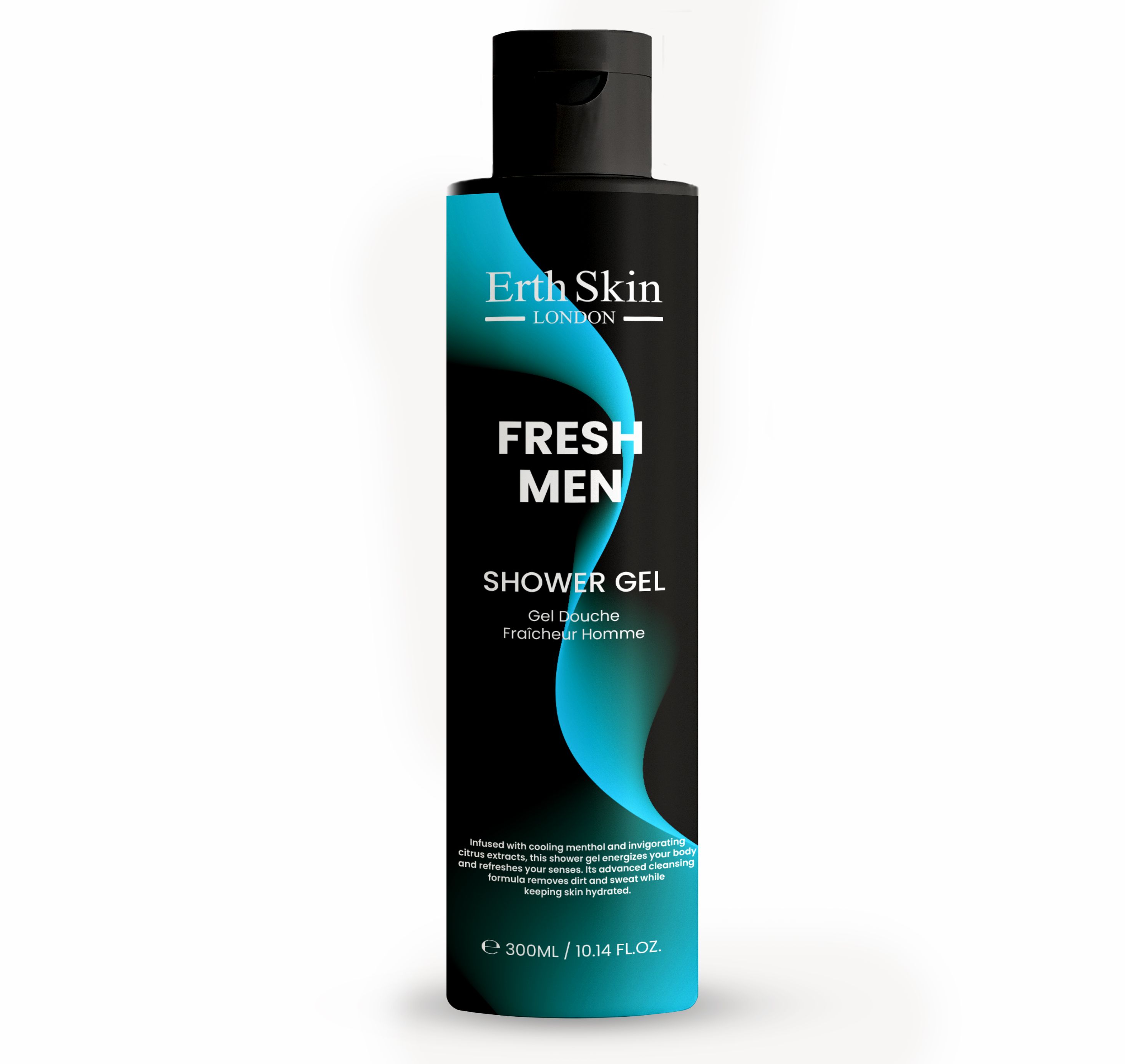 Flacone di gel doccia nero con design blu. Contiene "Erth Skin London Fresh Men". Testo: "Shower Gel".