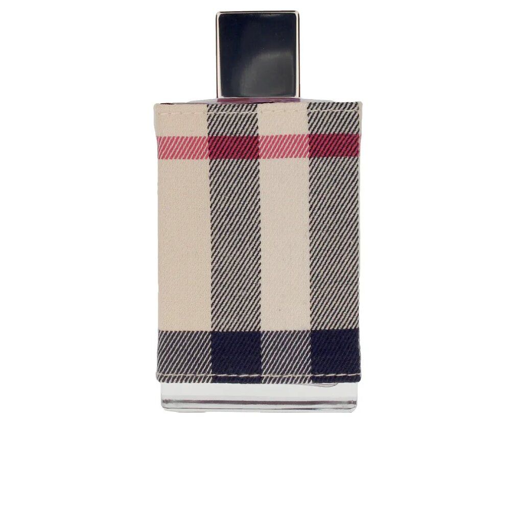 Burberry London Eau de Parfum Flakon. Rechteckige Form, kariertes Muster, schwarzer Deckel. Klarer Glasflakon.