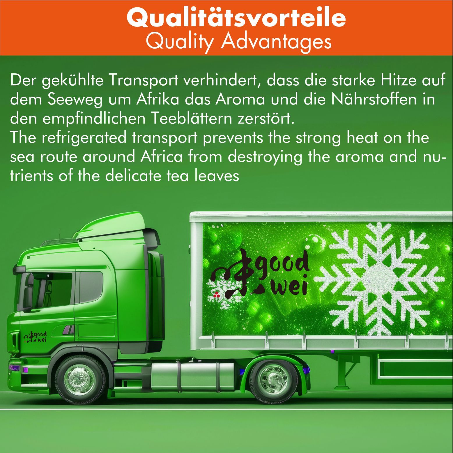 Grüner LKW mit Goodwei-Logo und Schneeflocke. Text: 'Qualitätsvorteile'.