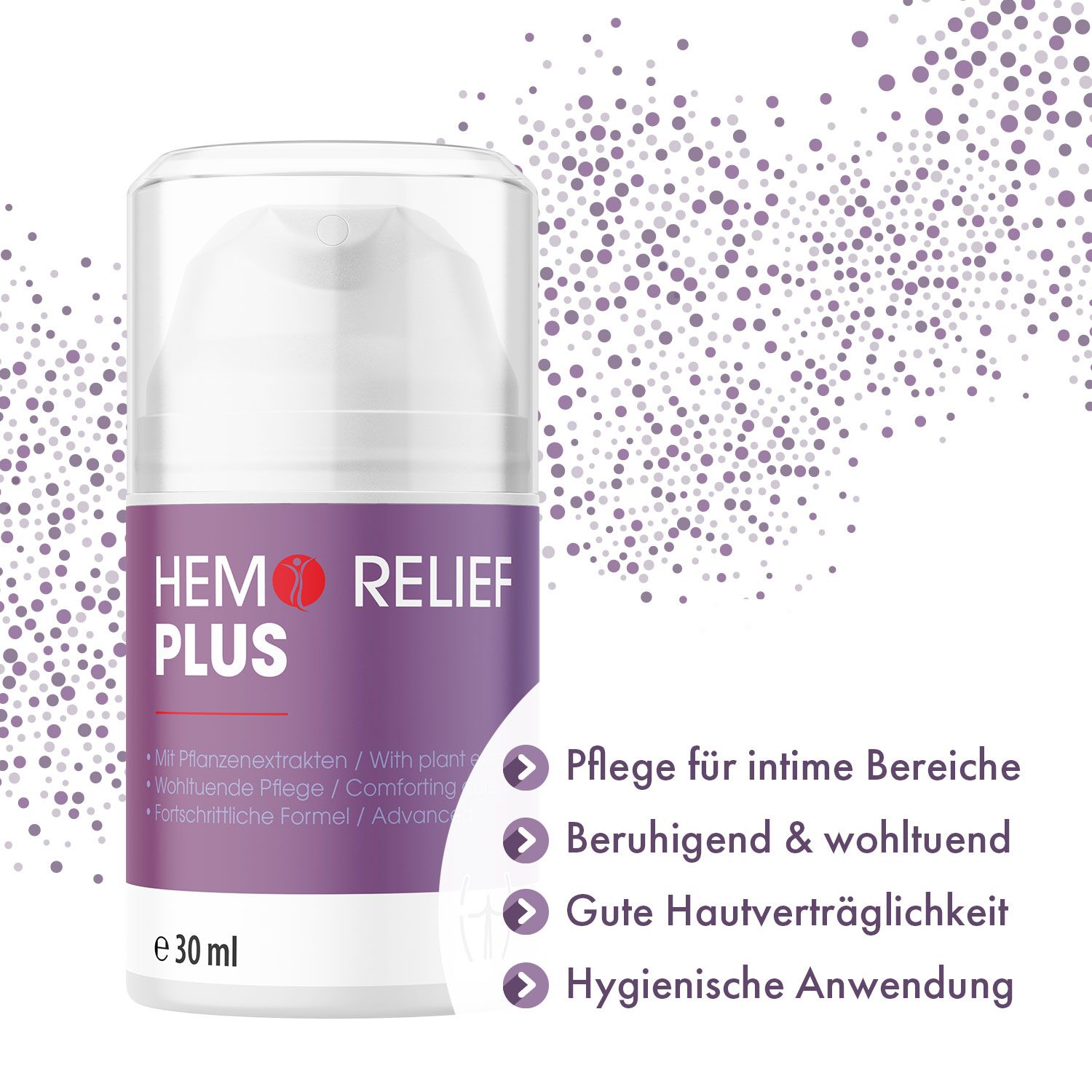 Creme-Flakon mit Aufschrift: Hemo Relief Plus. Text: Pflege für intime Bereiche, beruhigend, gute Hautverträglichkeit.