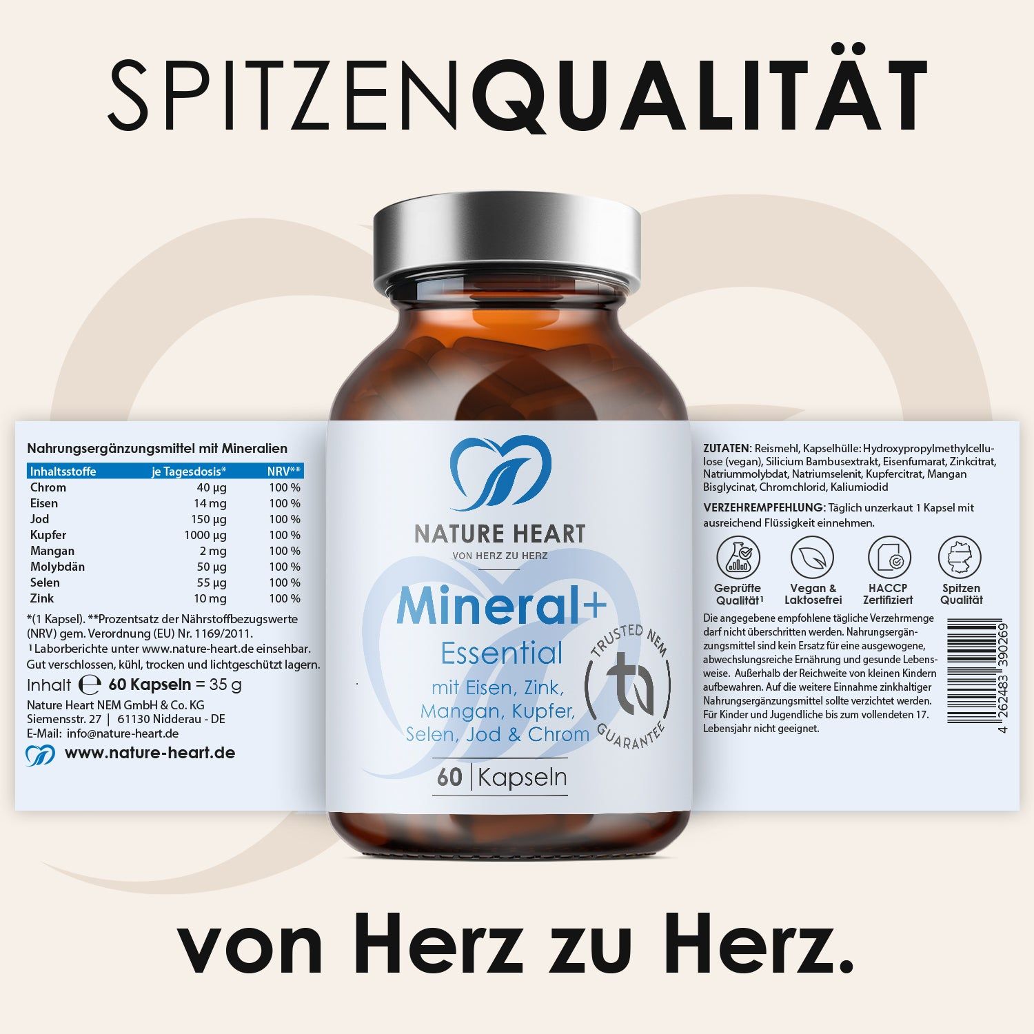 Kapsel-Flasche mit Etikett. Text: Mineral+ Essential, mit Eisen, Zink, Mangan, Kupfer, Selen, Jod & Chrom. 60 Kapseln. Nährwertangaben. TÜV-Zertifizierung.