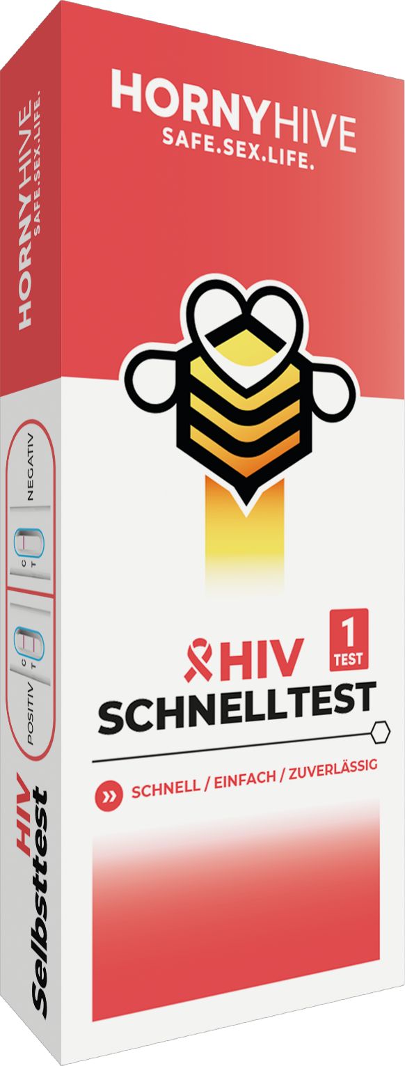 Verpackung mit HIV Schnelltest. Rot-weißes Design mit Logo und Text. Zeigt Testergebnisse. Enthält Testkassette und Anleitung.
