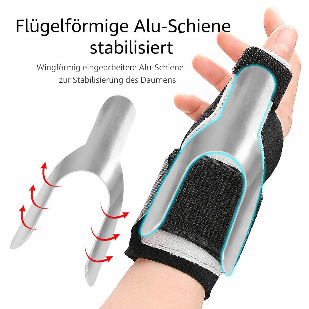 Daumen-Handgelenk-Bandage mit Alu-Schiene. Flügelformige Alu-Schiene stabilisiert den Daumen. Schwarz-weiß. Für beide Hände.