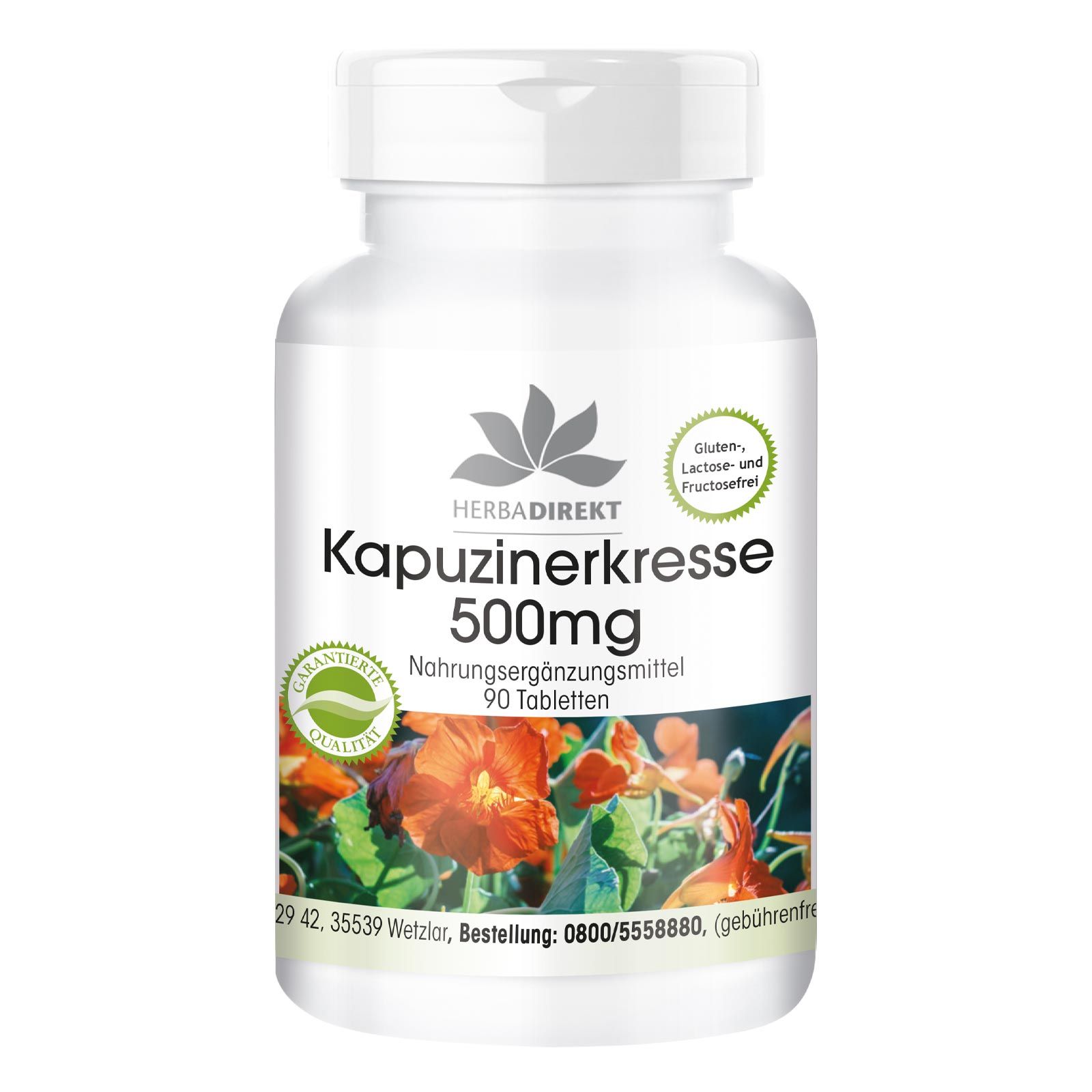 Weiße Tablettenflasche mit Schraubverschluss. Aufschrift: Kapuzinerkresse 500mg, 90 Tabletten. Logo und Qualitätszeichen.