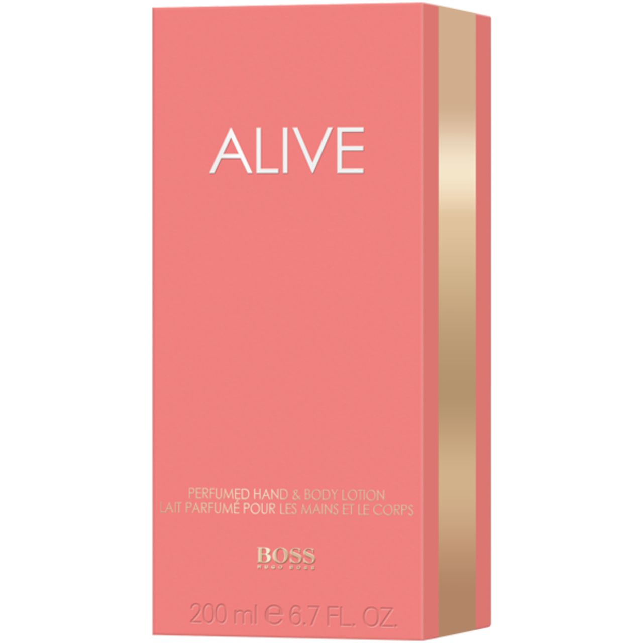 Rosa Verpackung mit Schriftzug "ALIVE" und Produktinformationen. Goldfarbener Streifen an der Seite. Marke "BOSS".