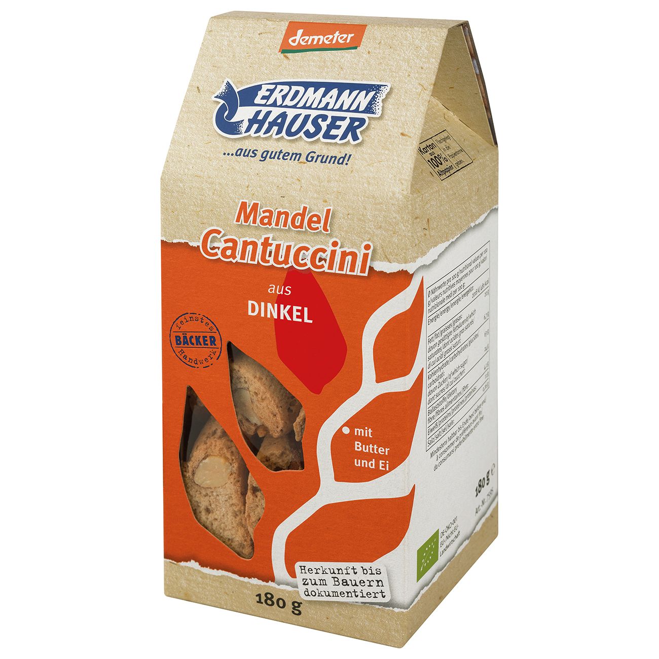 Kartonverpackung mit Cantuccini. Aufschrift: Mandel Cantuccini aus Dinkel. Marke: Erdmann Hauser, Demeter. Mit Butter und Ei.