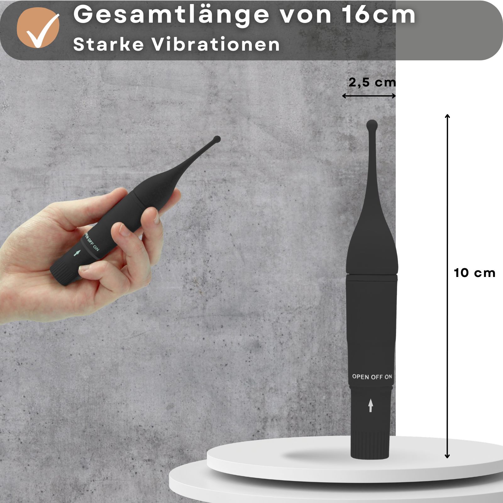 Wellness-Produkt neben Hand. Text: Gesamtlänge von 16cm, starke Vibrationen. Maße: 10cm hoch, 2,5cm breit.