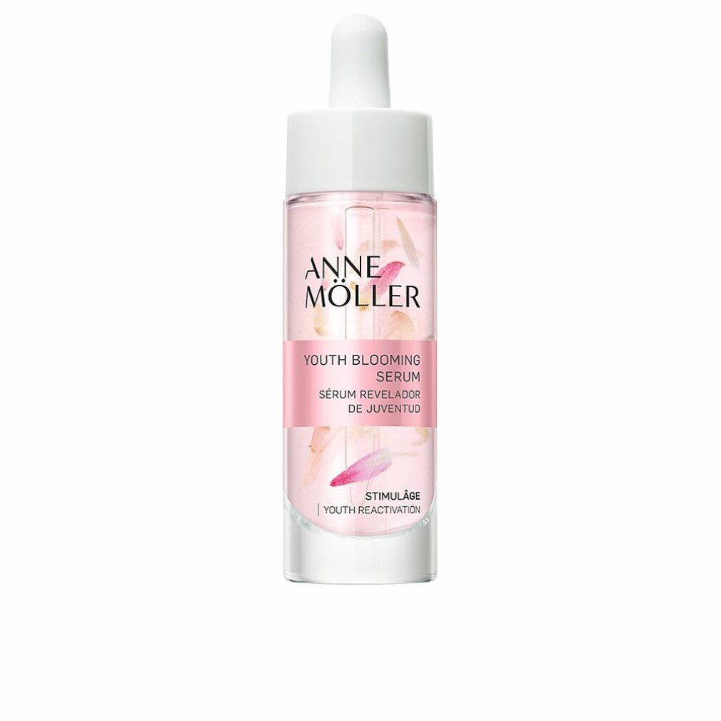 Anne Möller Youth Blooming Serum. Flasche mit Pipette. Rosa Flüssigkeit. Text: Youth Blooming Serum, Sérum Révélateur de Jeunesse.