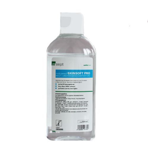 Klare Flasche mit weißem Deckel. Aufkleber mit Produktinformationen und dem Schriftzug "SKINSOFT PRO".