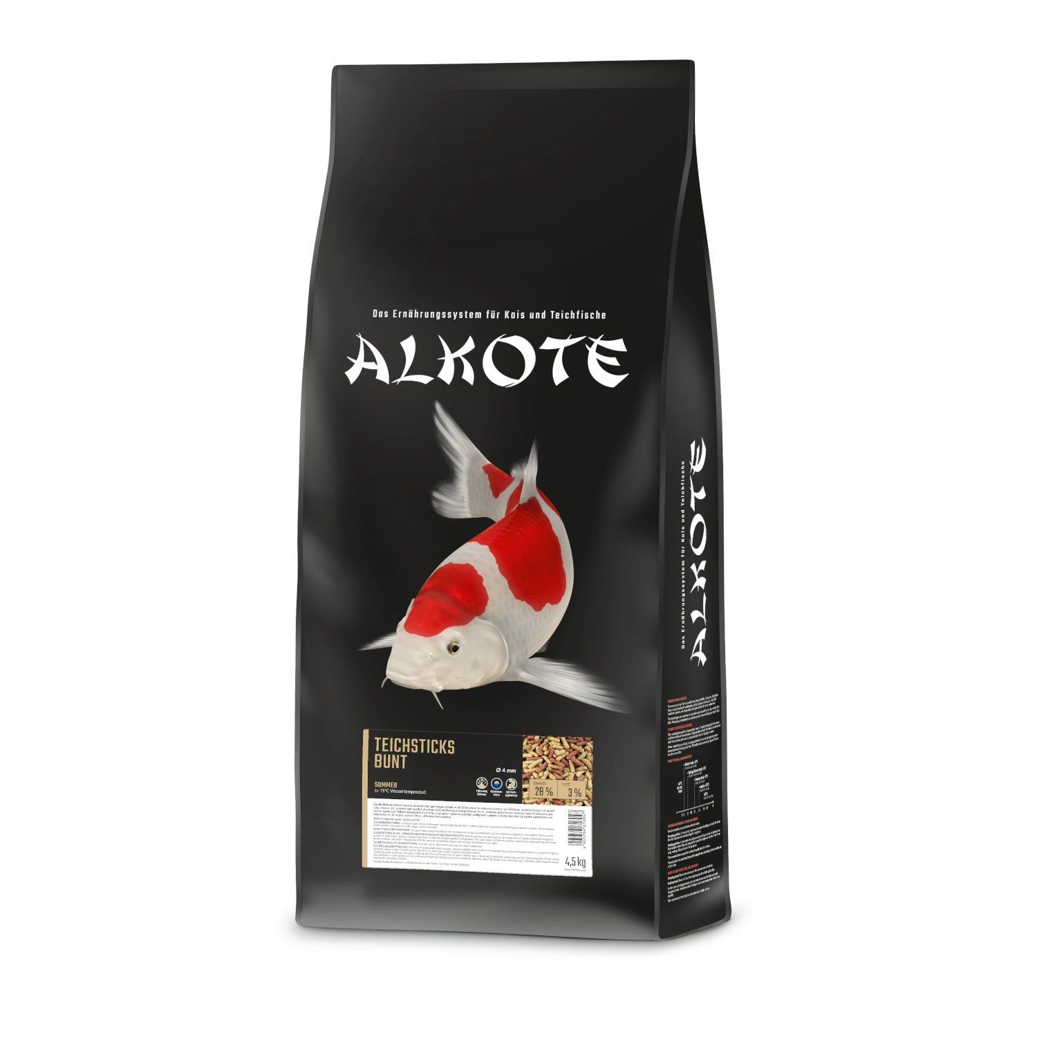 Schwarze Verpackung mit Fisch-Illustration. Text: ALKOTE, Teichsticks bunt. 1,2 kg. Produkt für Koi und Teichfische.