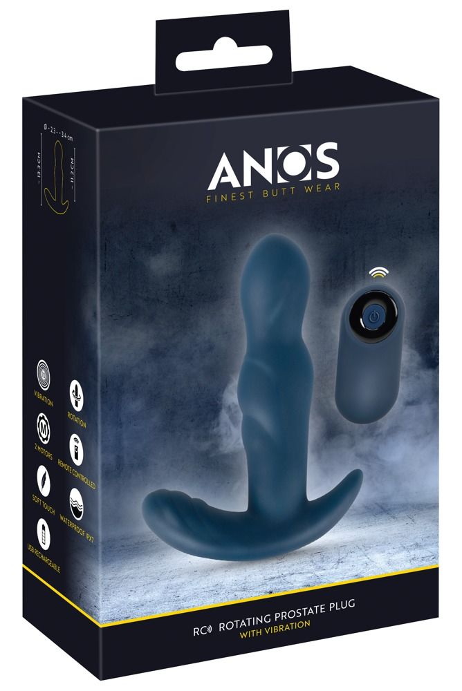 Produktverpackung mit blauem Plug und Fernbedienung. Text: ANOS, Finest Butt Wear, RC8 Rotating Prostate Plug with Vibration.