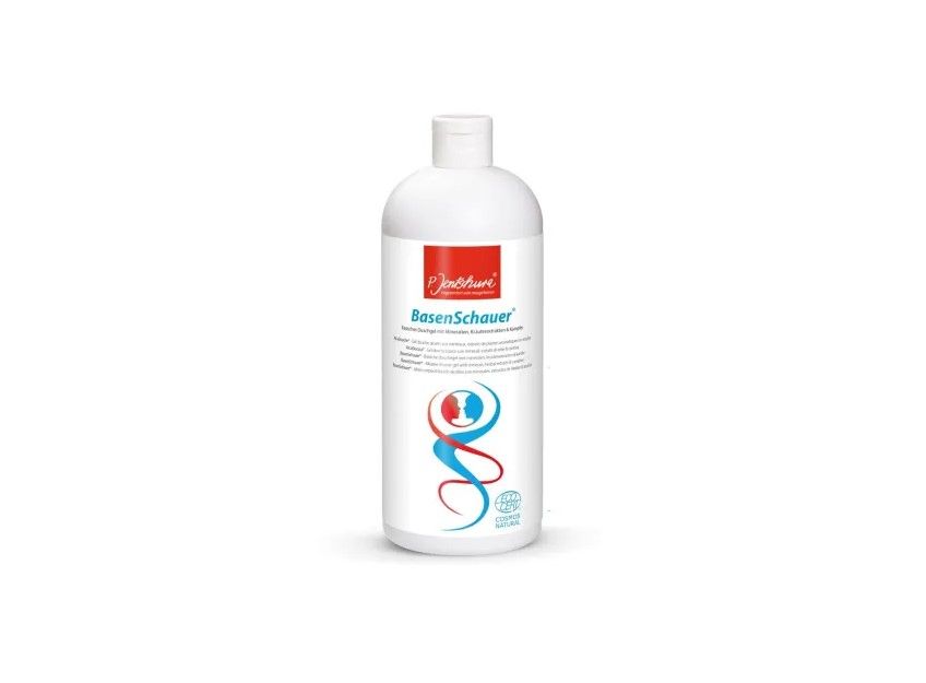 Weiße Flasche mit rotem Etikett. Schriftzug: Jentschura BasenSchauer. Logo mit Figur. Bio-Siegel.