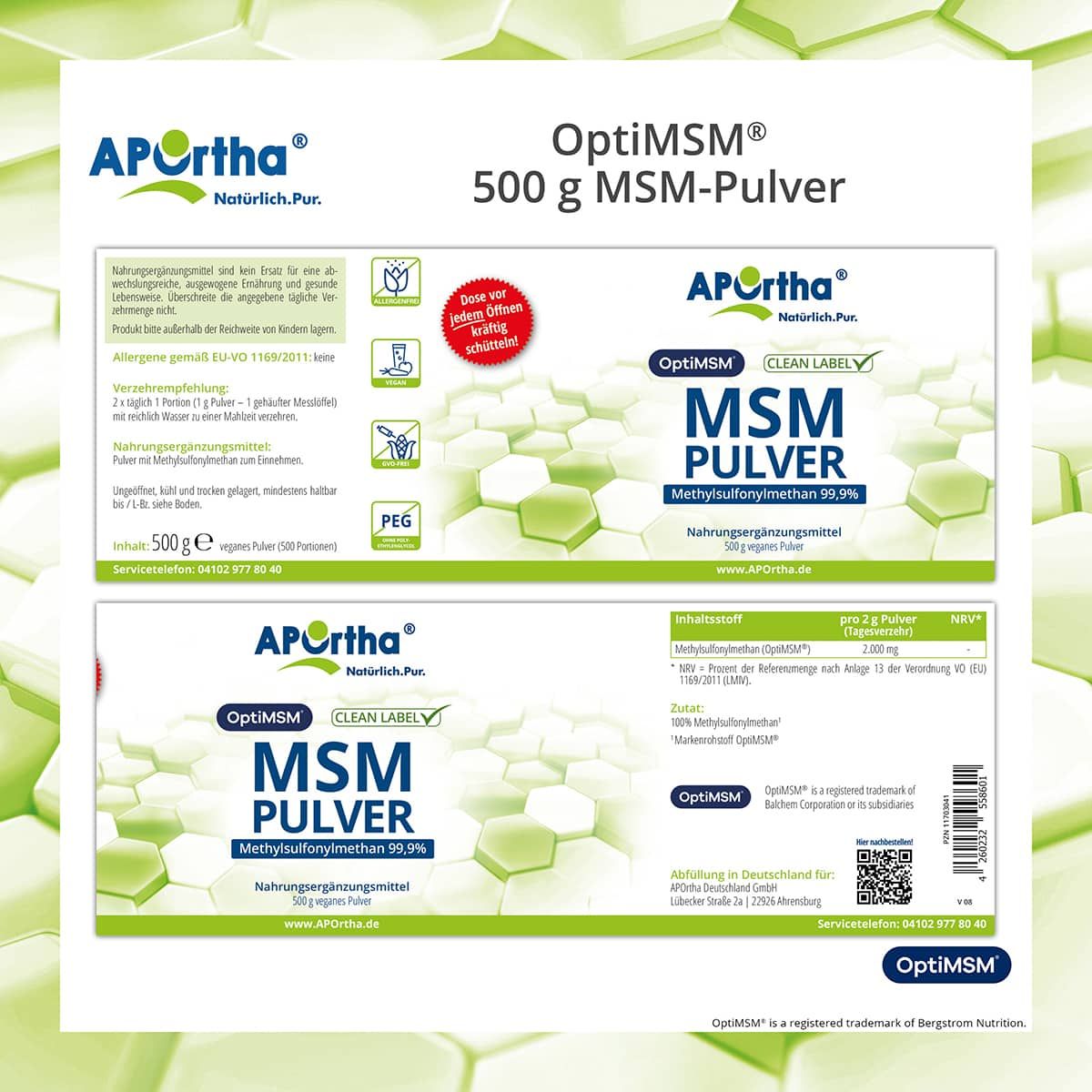 Etikett von OptiMSM® MSM-Pulver. Text: Methylsulfonylmethan 99,9%. Aufschrift: Nahrungsergänzungsmittel. Logo APOrtha®. Informationen zur Dosierung und Inhaltsstoffen.