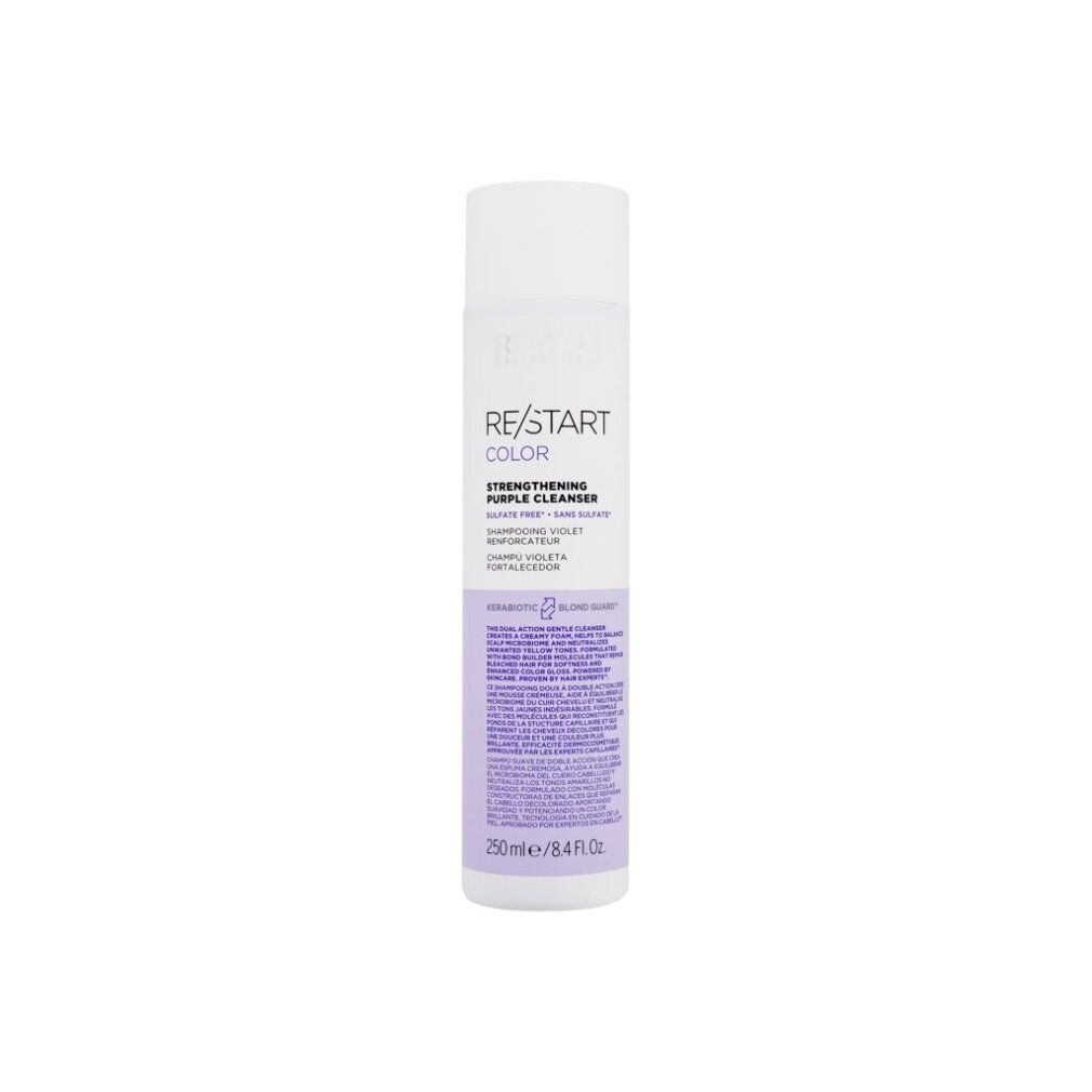 Revlon Re-Start Purple Cleanser. Weiße Flasche mit lila Etikett. Text: RE/START COLOR, Strengthening Purple Cleanser.