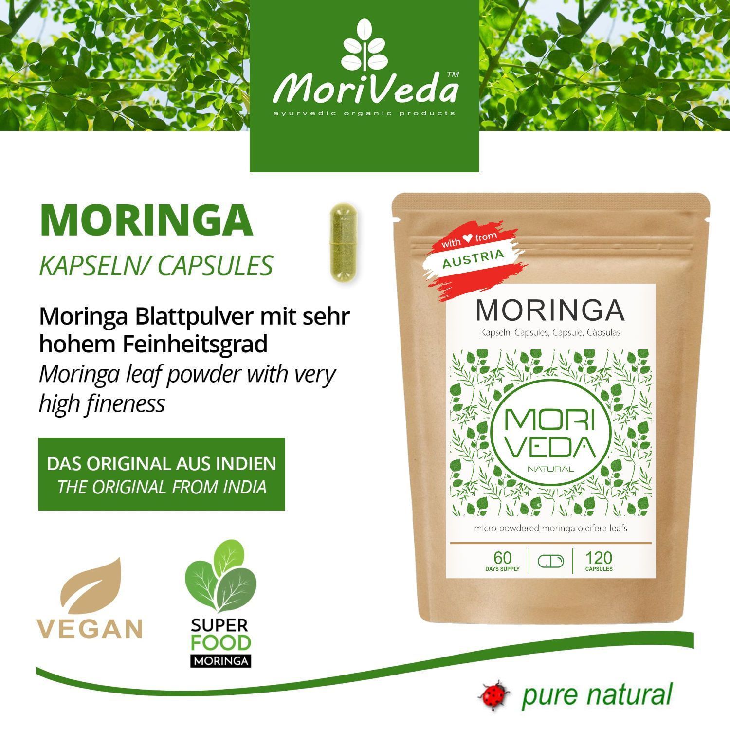 Beutel mit Moringa Kapseln. Aufschrift: MORINGA, MORI VEDA NATURAL. 120 Kapseln. Vegan- und Superfood-Siegel.
