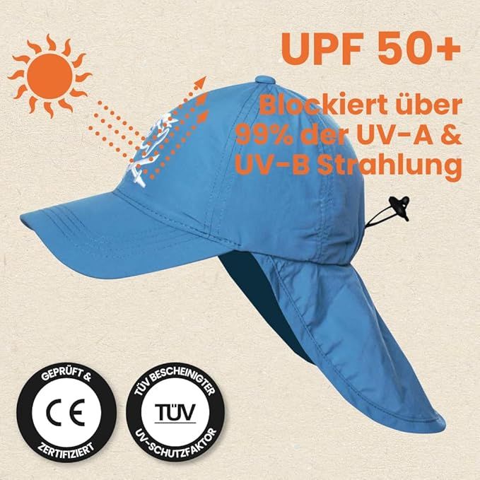 Blauer iQ-UV Cap mit Nackenschutz. Text: UPF 50+. Zertifizierungen: CE, TÜV.