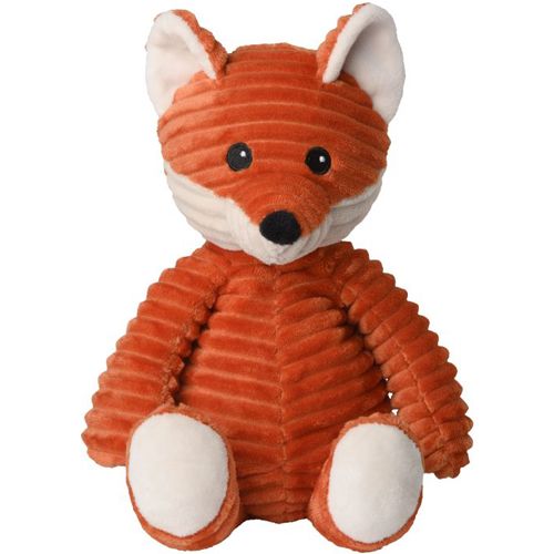 Kuscheltier Fuchs, orangefarbenes Cordmaterial, schwarze Augen, weiße Ohren und Pfoten. Sitzende Position.