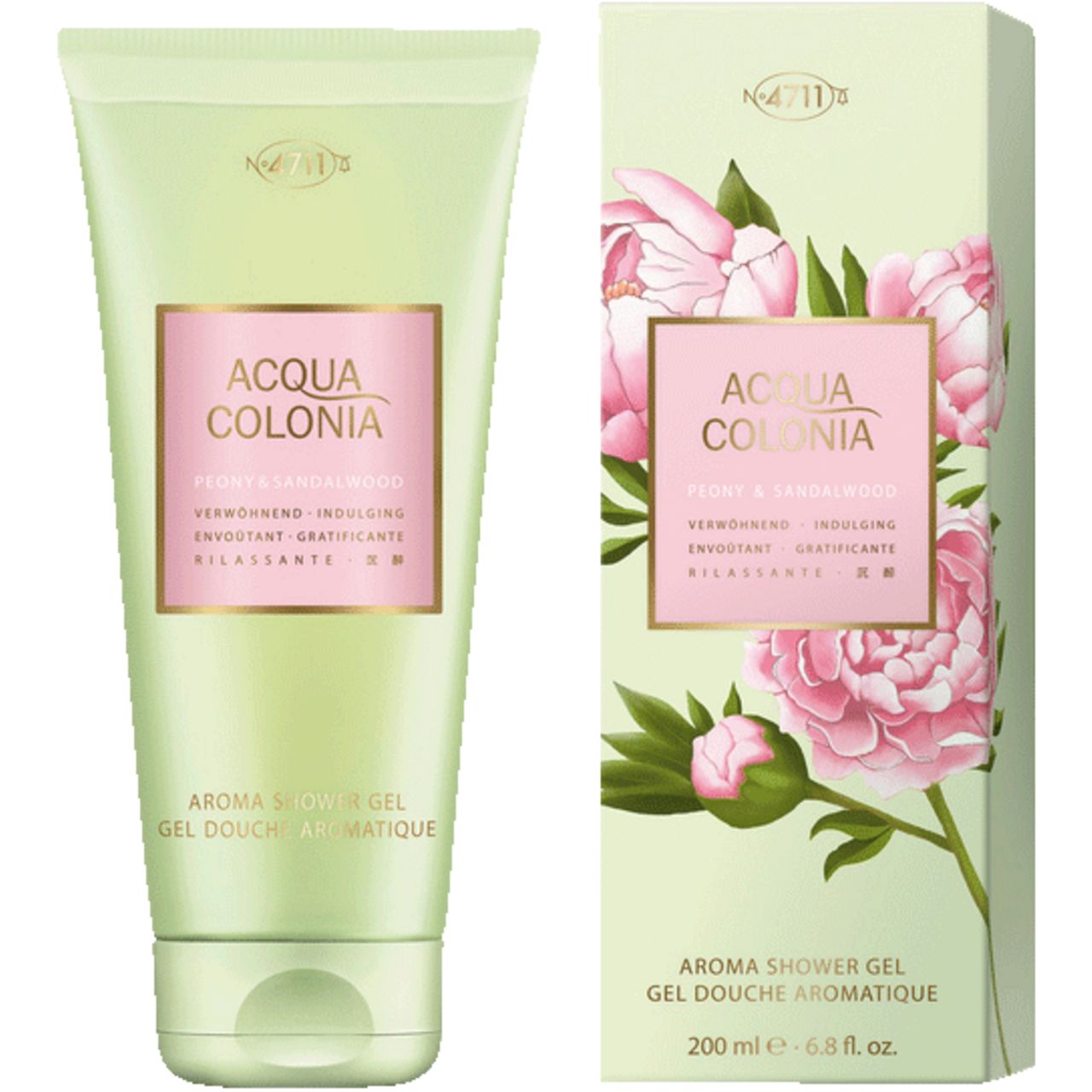 Grüne Tube und Schachtel. Aufschrift: Acqua Colonia, Peony & Sandalwood, Aroma Shower Gel. Abbildung: Pfingstrosen.