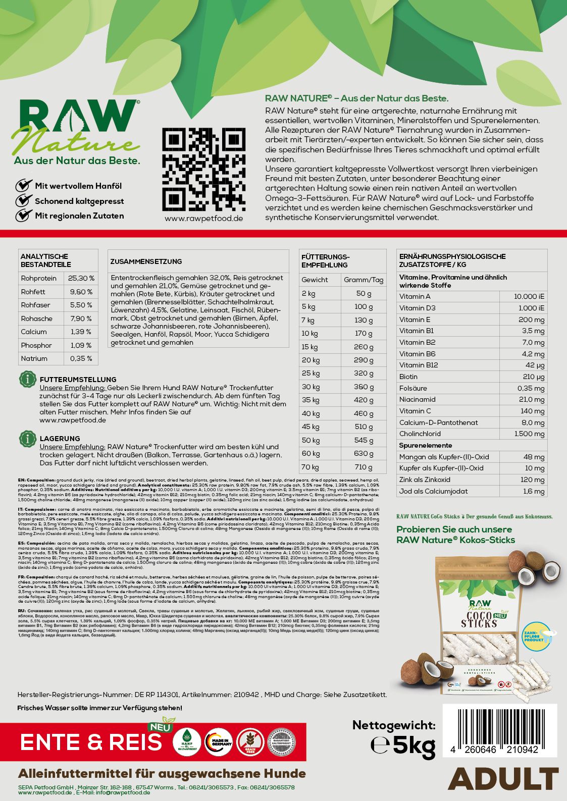 RAW Nature kaltgepresstes Trockenfutter ADULT Ente Pur