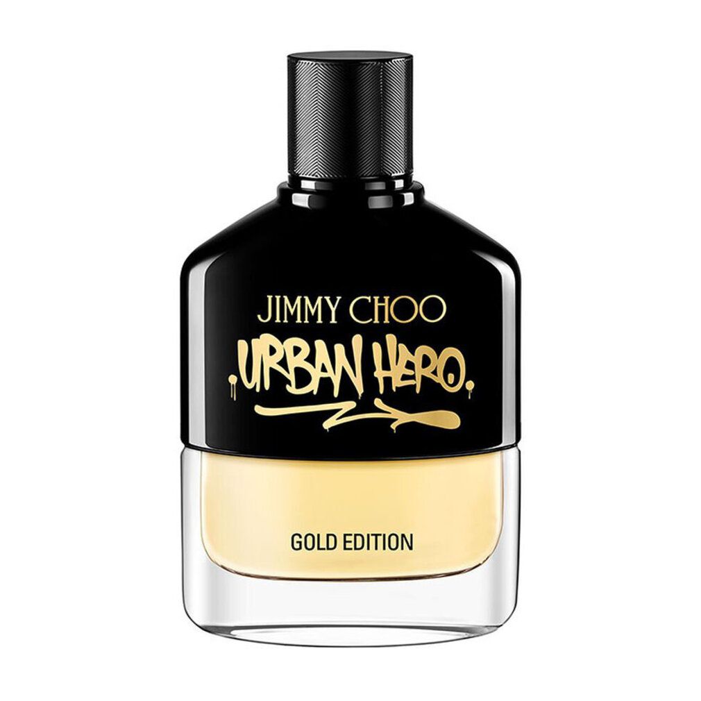 Schwarzer Flakon mit goldfarbenem Aufdruck. Unterteil transparent, Inhalt gelblich. Deckel schwarz. Aufschrift: Jimmy Choo Urban Hero Gold Edition.