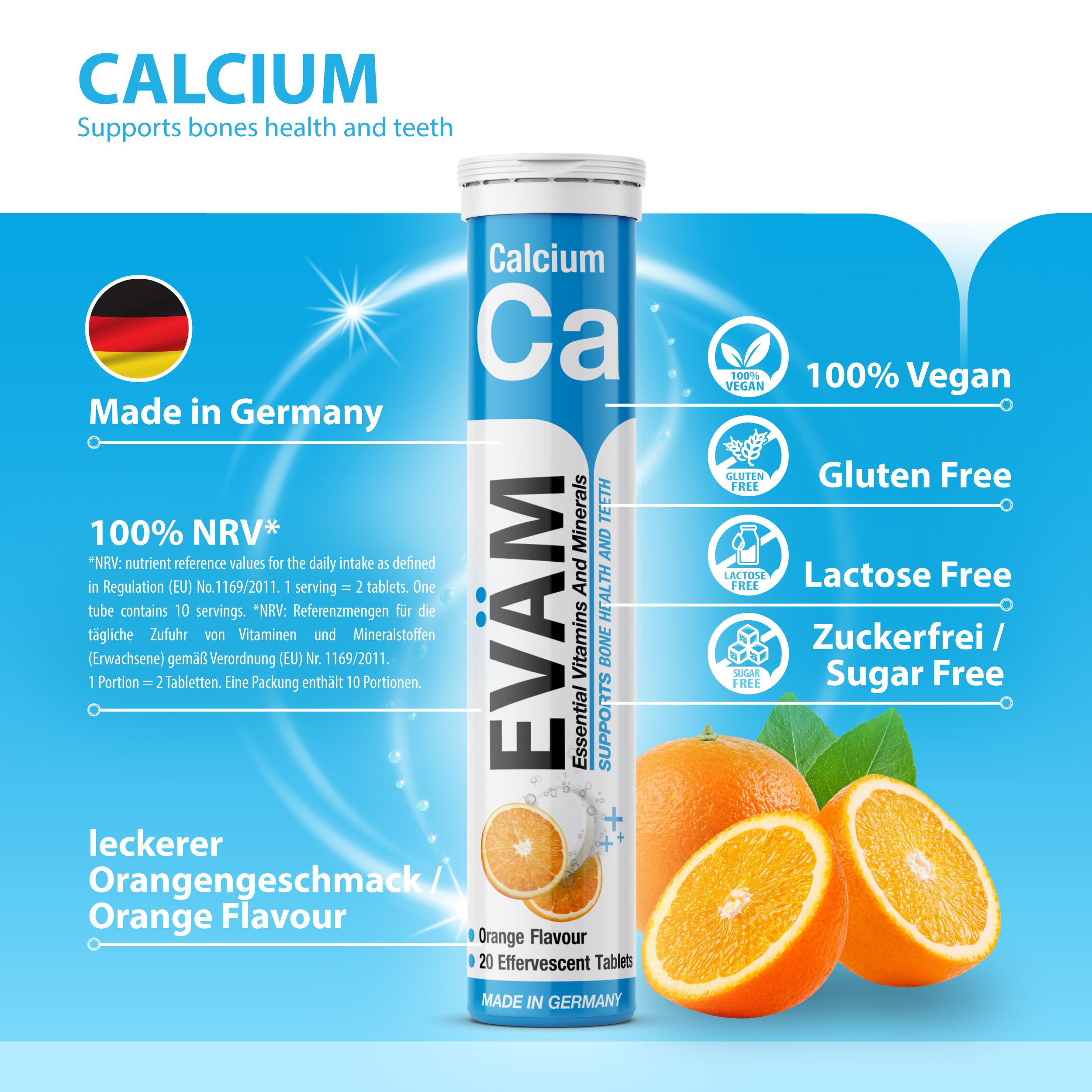 EVÄM Calcium-Tube mit Orangen und Blättern. Enthält 20 Brausetabletten. Vegan, glutenfrei, laktosefrei, zuckerfrei. Hergestellt in Deutschland. Mit NRV-Angaben.