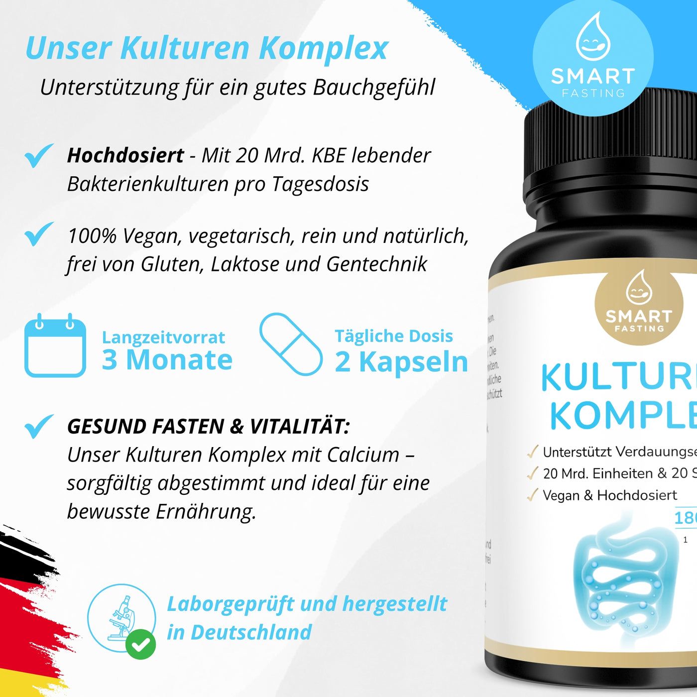 Smart Fasting® Probiotika Kulturen Komplex - 20 Bakterienstämme - mit Calcium