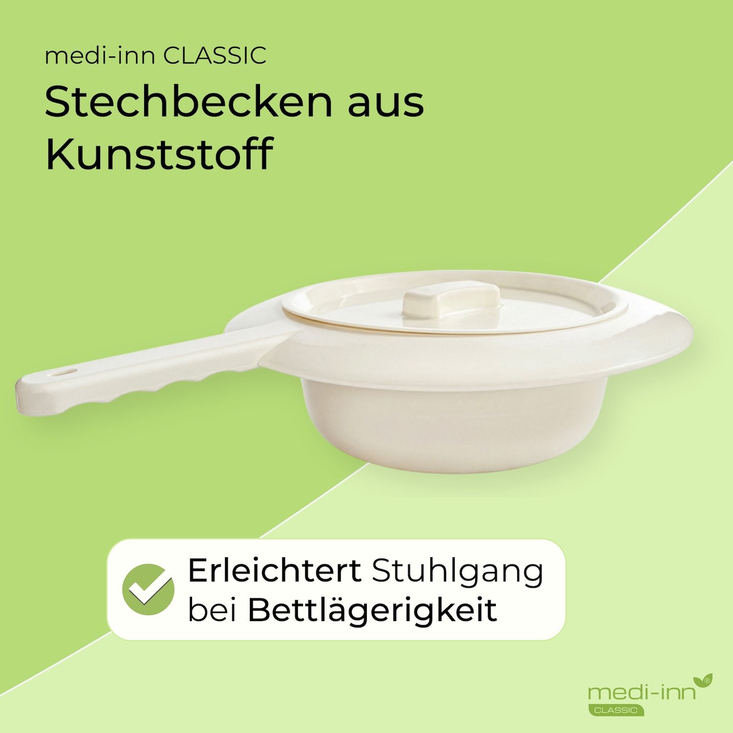 Weiße Kunststoff-Bettpfanne mit Griff und Deckel, für liegende Patienten.