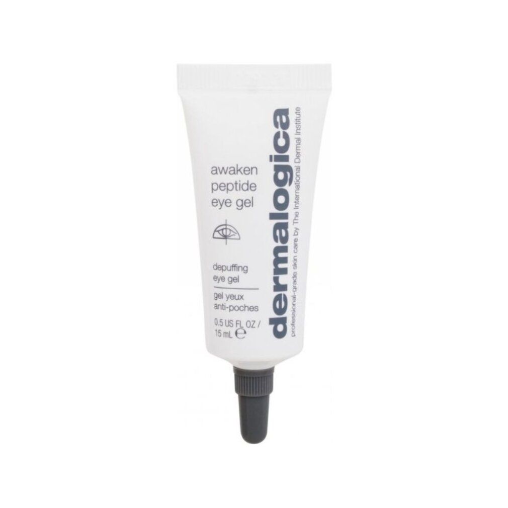 Weiße Tube mit grauer Spitze. Beschriftung: "awaken peptide eye gel", "depuffing eye gel", "dermalogica".