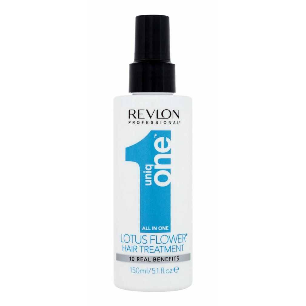 Revlon Uniq One Lotus Flower Hair Treatment. Weiße Flasche mit schwarzem Sprühkopf. Blaues Logo und Produktinformationen.