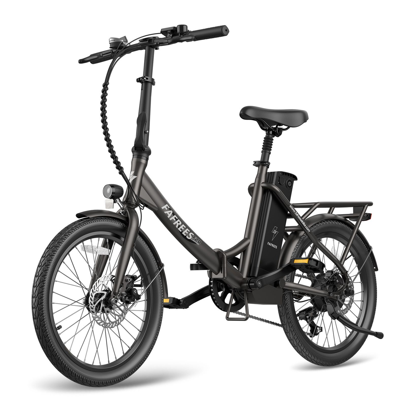 Fafrees F20 E-Bike, anthrazitfarben. Frontansicht. Mit Gepäckträger, Schutzblechen und Akku. Marke und Modellbezeichnung.