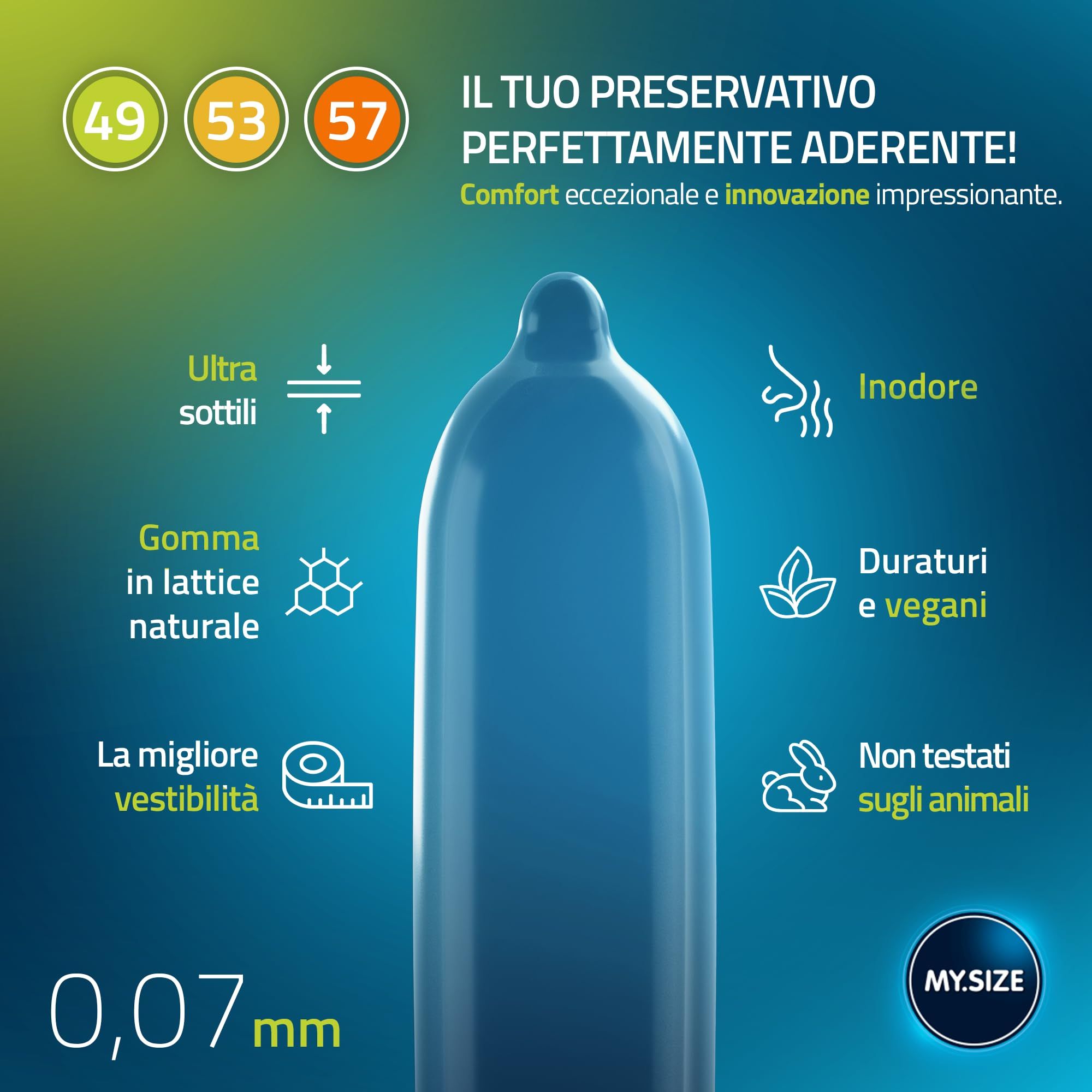 Blaues Kondom mit Icons: dünn, Naturkautschuk, passgenau, geruchlos, langlebig, vegan, tierversuchsfrei. 0,07mm.