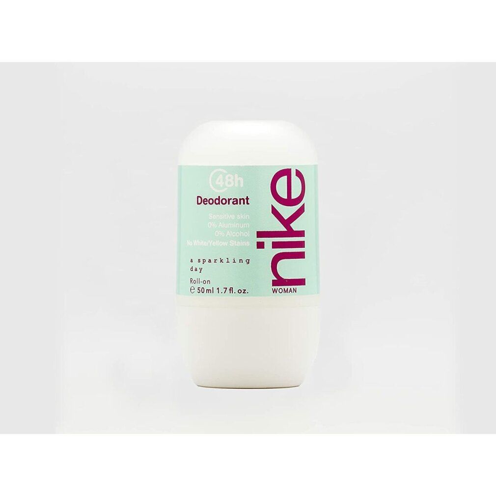 Roll-on-Deodorant. Weißes Gehäuse, türkisfarbenes Etikett mit pinkfarbenem Nike-Logo. "a sparkling day". 50ml.